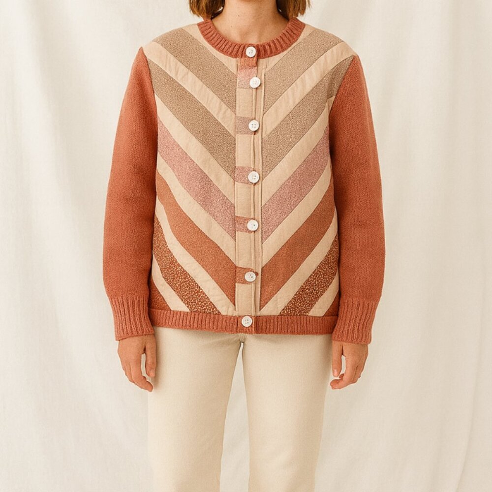 Cottagecore Hand Knit Peach Patchwork Sweater Siz… - image 1